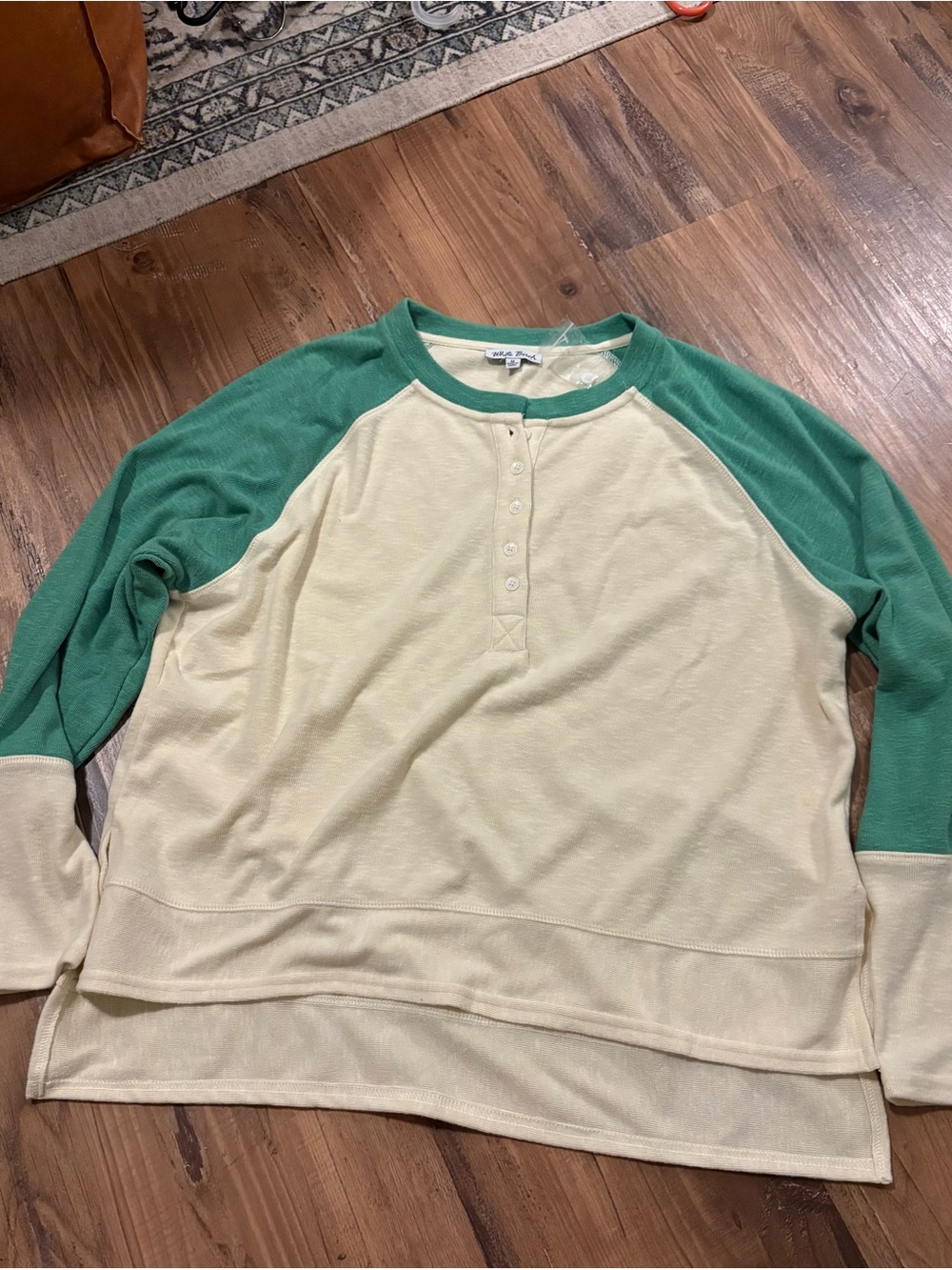 White Birch Cream Body Green Raglan Henley Crewneck Sweater